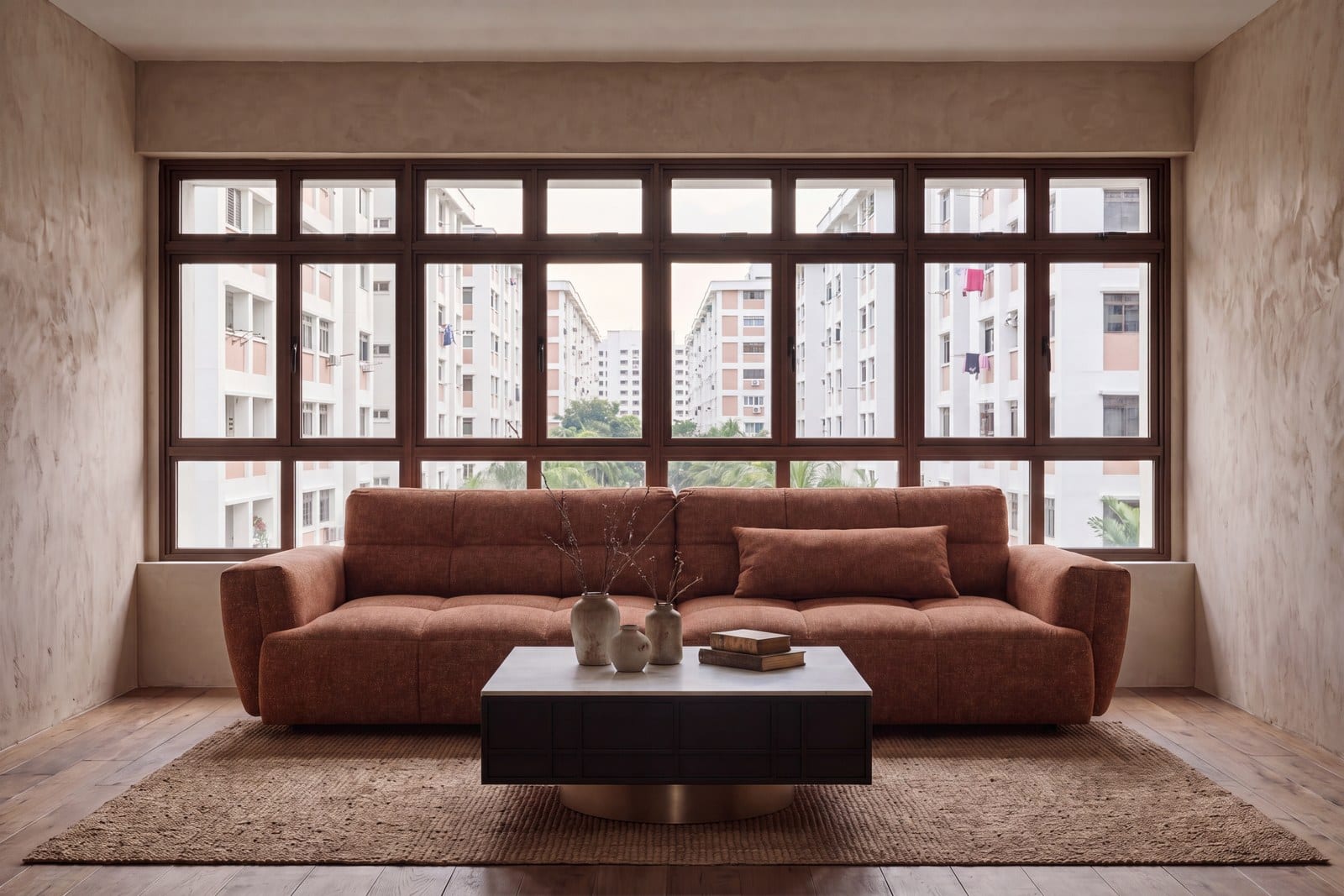 A rust-coloured fabric sofa with a dark square coffee table on a jute rug, in front of a wide window in an HDB living room