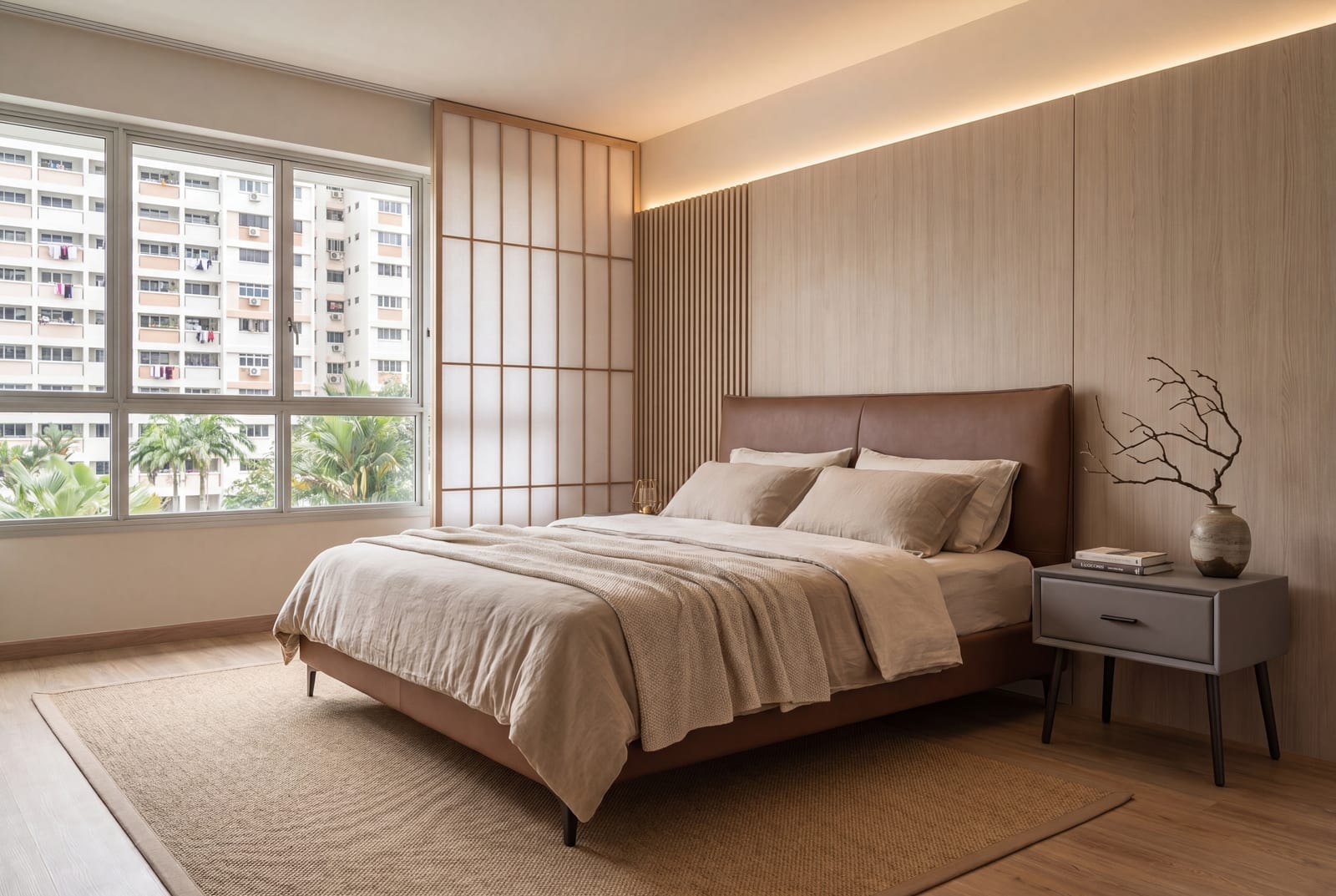A bed with a tan leather headboard and linen bedding against a wood-panelled wall, beside a window overlooking HDB blocks